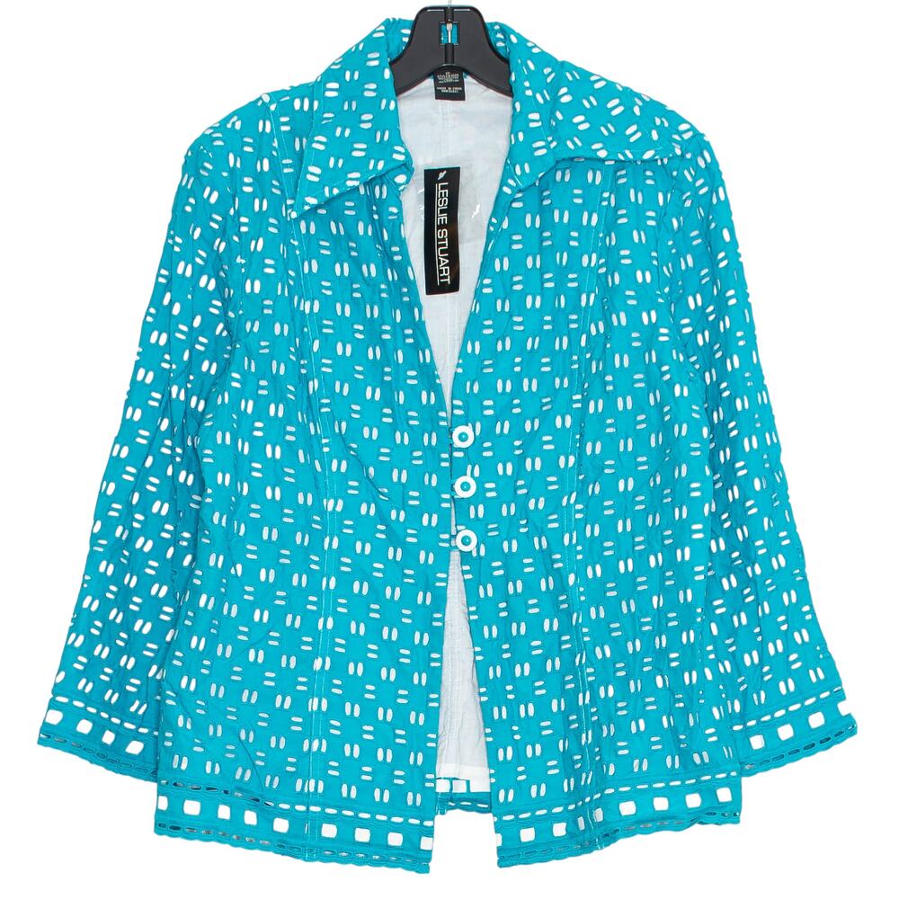 NWT Leslie Stuart Blazer Cottage Boho Eyelet Coastal Vacation Resort Blue Sz 12